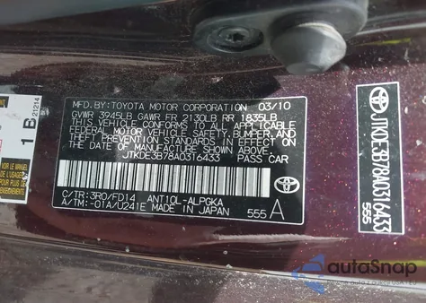 2010 Scion Tc z USA, uszkodzony, nr VIN JTKDE3B78A0316433